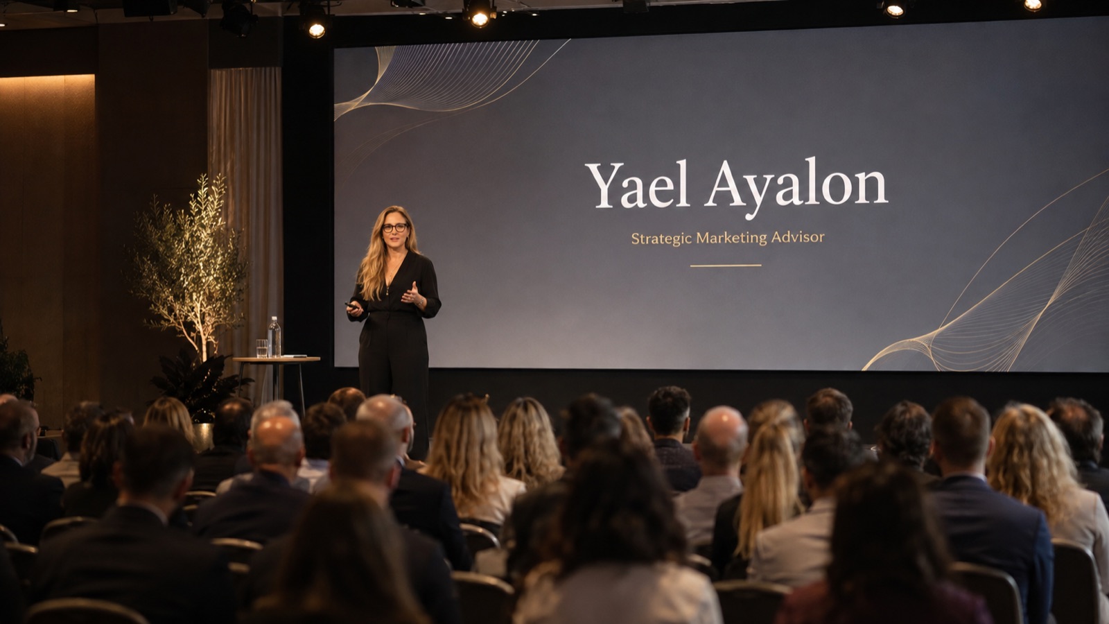 Yael Ayalon speaking on stage at a conference